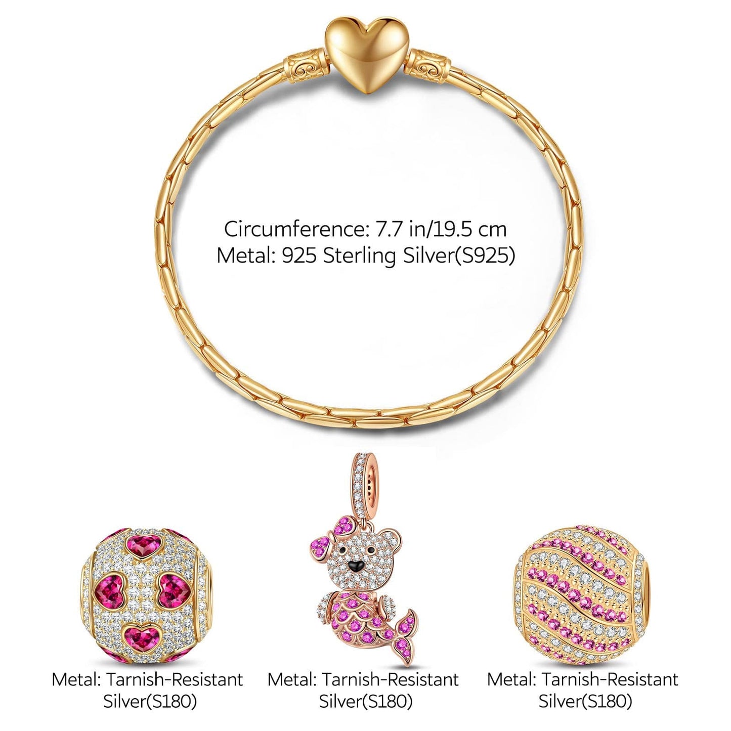Sterling Silver Pink Mermaid Fish Charms Bracelet Set With Enamel In 14K Gold Plated (Includes bracelet and all charms shown)