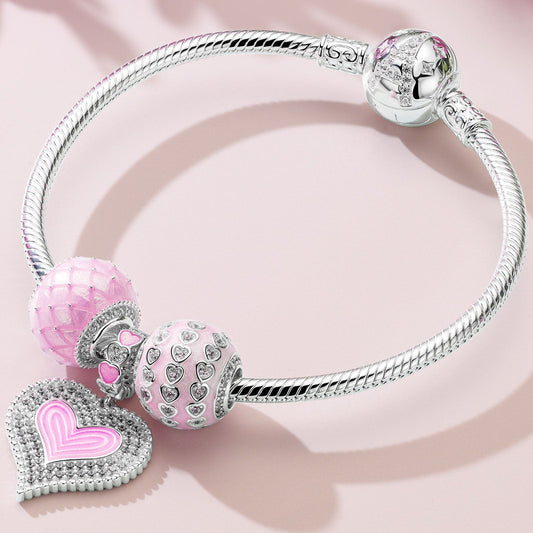 gona- Sterling Silver Pink Date Charms Bracelet Set With Enamel In White Gold Plated (Includes bracelet and all charms shown)