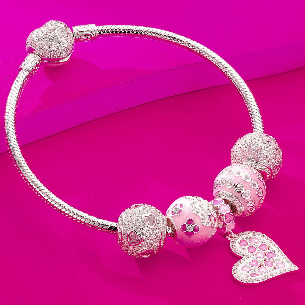 Sterling Silver Pink Girlish Charms Bracelet Set With Enamel In White Gold Plated (Includes bracelet and all charms shown)