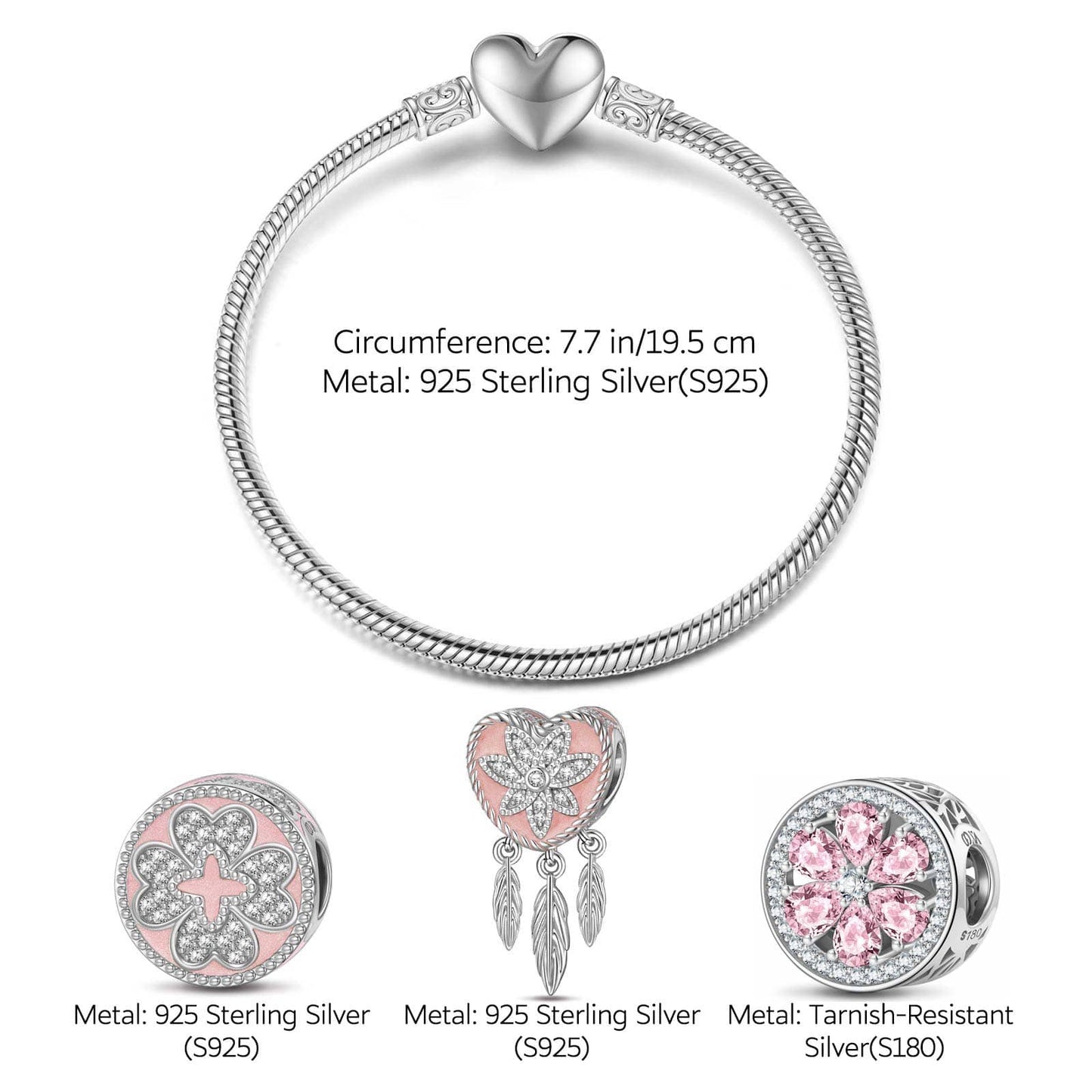 Sterling Silver Girl In Her Prime Charms Bracelet Set With Enamel In White Gold Plated (Includes bracelet and all charms shown)