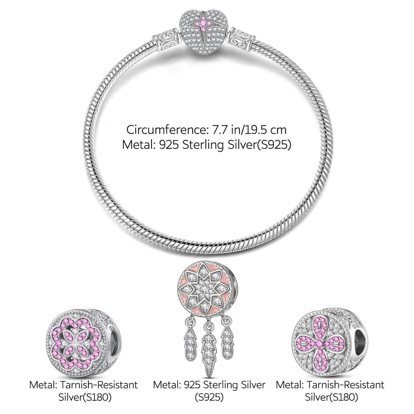Sterling Silver Lucky Girl Charms Bracelet Set With Enamel In White Gold Plated (Includes bracelet and all charms shown)