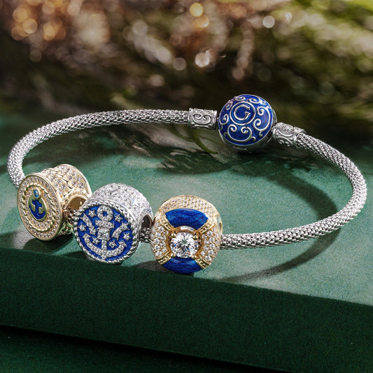 gona- Sterling Silver Sailing Expedition Charms Bracelet Set With Enamel In White Gold Plated (Includes bracelet and all charms shown)