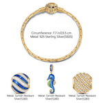 Sterling Silver Seahorse By Wave Charms Bracelet Set With Enamel In 14K Gold Plated (Includes bracelet and all charms shown)