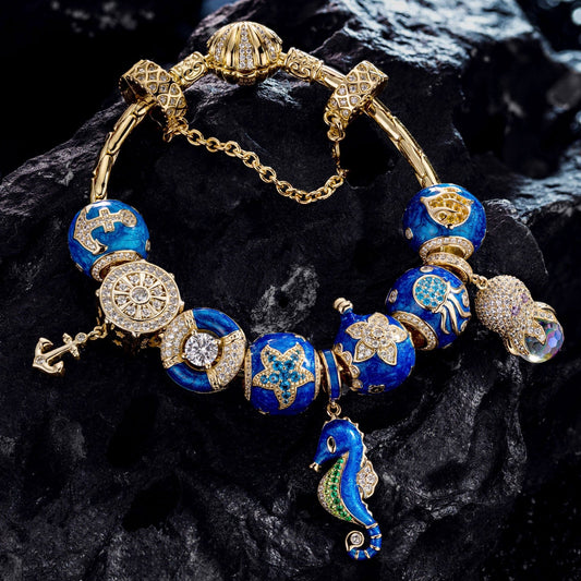 gona- Sterling Silver Island Paradise Charms Bracelet Set With Enamel In 14K Gold Plated (Includes bracelet and all charms shown)
