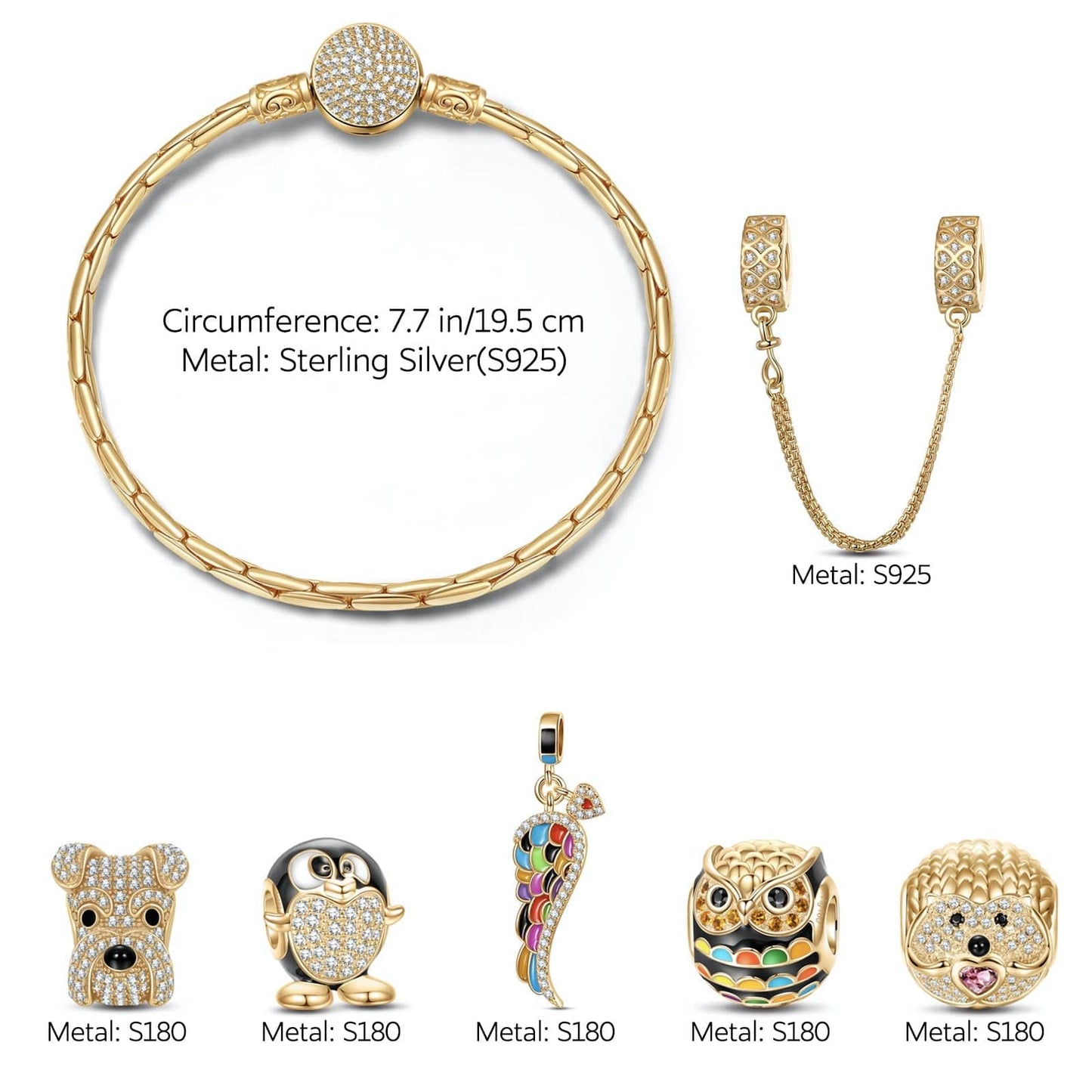 Sterling Silver Golden Animals Charms Bracelet Set With Enamel In 14K Gold Plated (Includes bracelet and all charms shown)