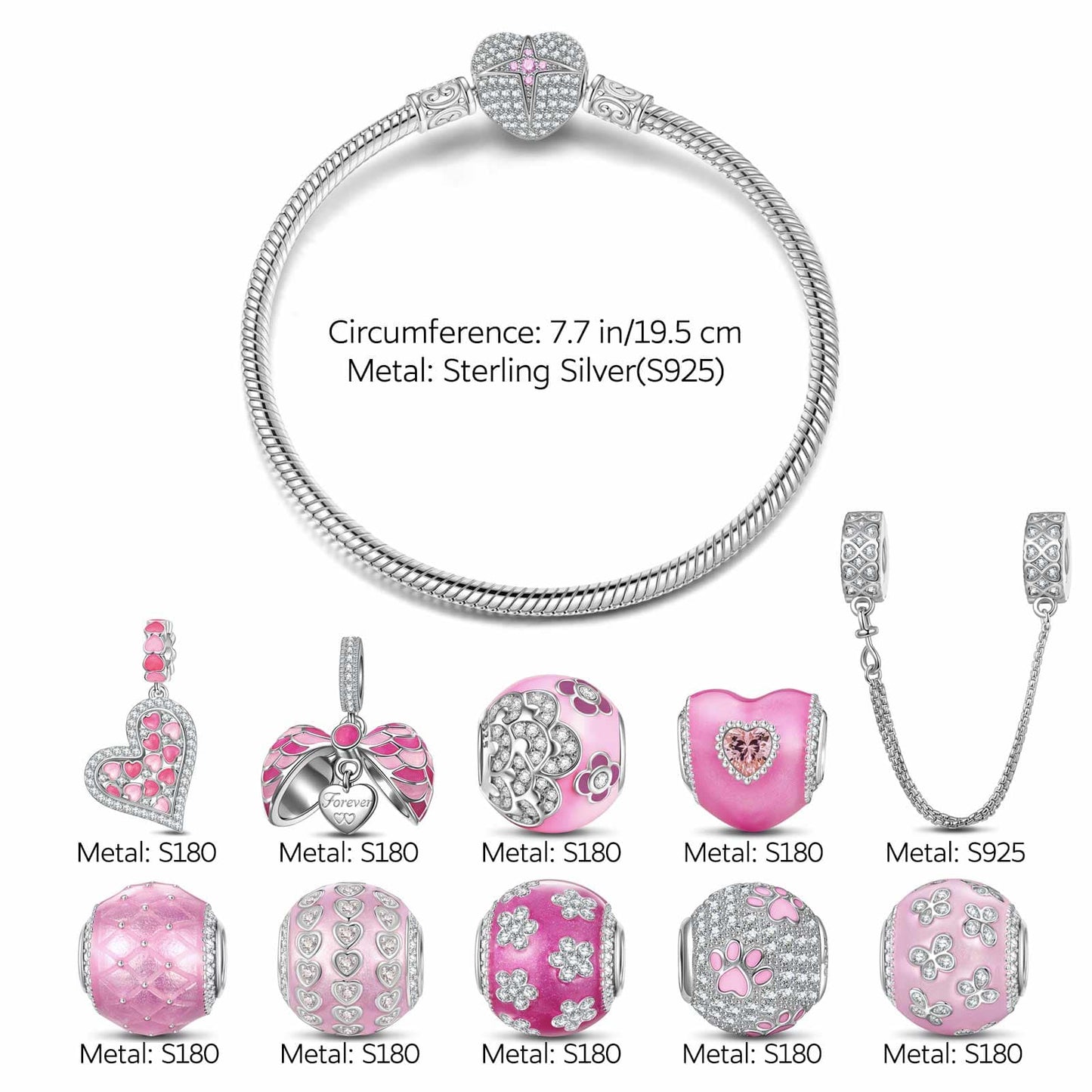 Sterling Silver Barbie Island Charms Bracelet Set With Enamel In White Gold Plated (Includes bracelet and all charms shown)