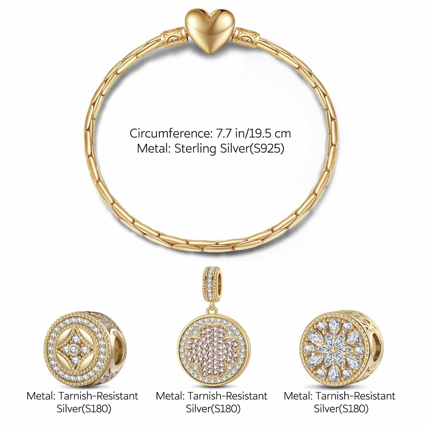 Sterling Silver Tango Charms Bracelet Set In 14K Gold Plated (Includes bracelet and all charms shown)