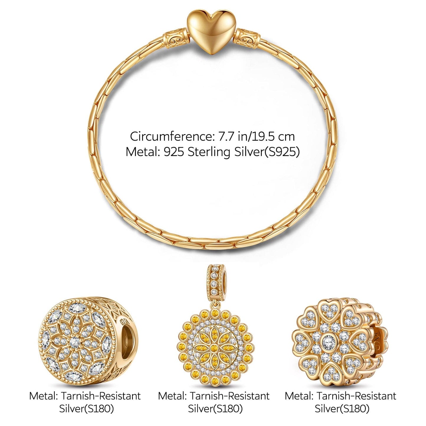 Sterling Silver Fragrant Honey Charms Bracelet Set In 14K Gold Plated (Includes bracelet and all charms shown)