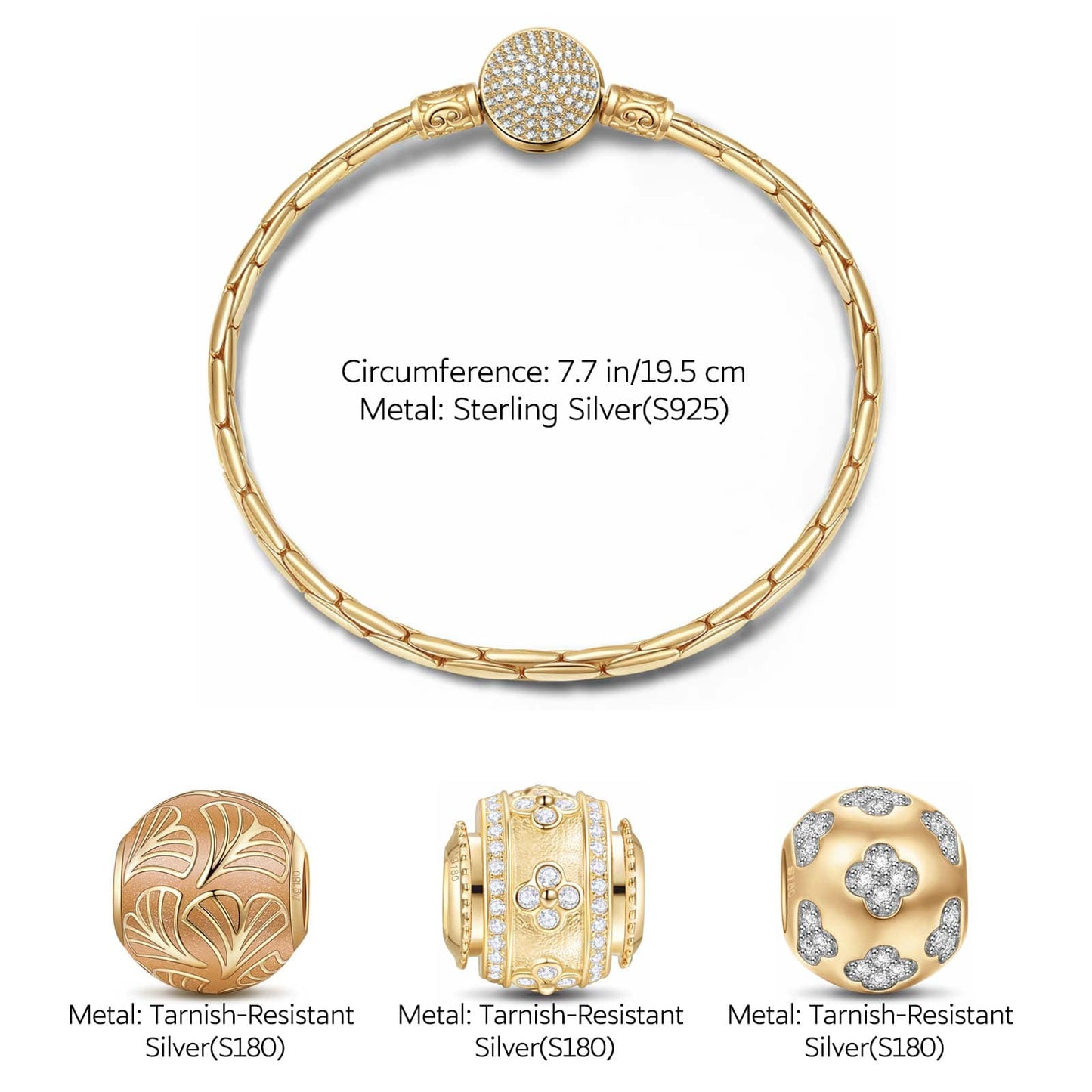 Sterling Silver Golden Good Fortune Charms Bracelet Set With Enamel In 14K Gold Plated (Includes bracelet and all charms shown)