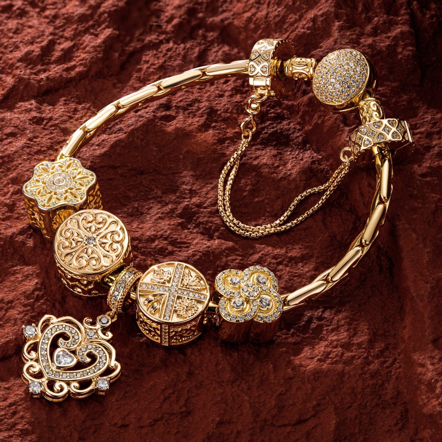 Sterling Silver The Queen's Garden Charms Bracelet Set In 14K Gold Plated (Includes bracelet and all charms shown)