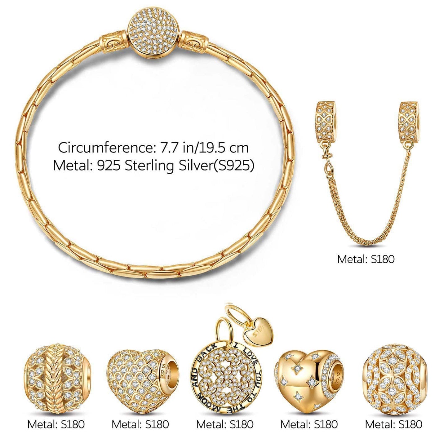 Sterling Silver Sweet Love Charms Bracelet Set In 14K Gold Plated (Includes bracelet and all charms shown)