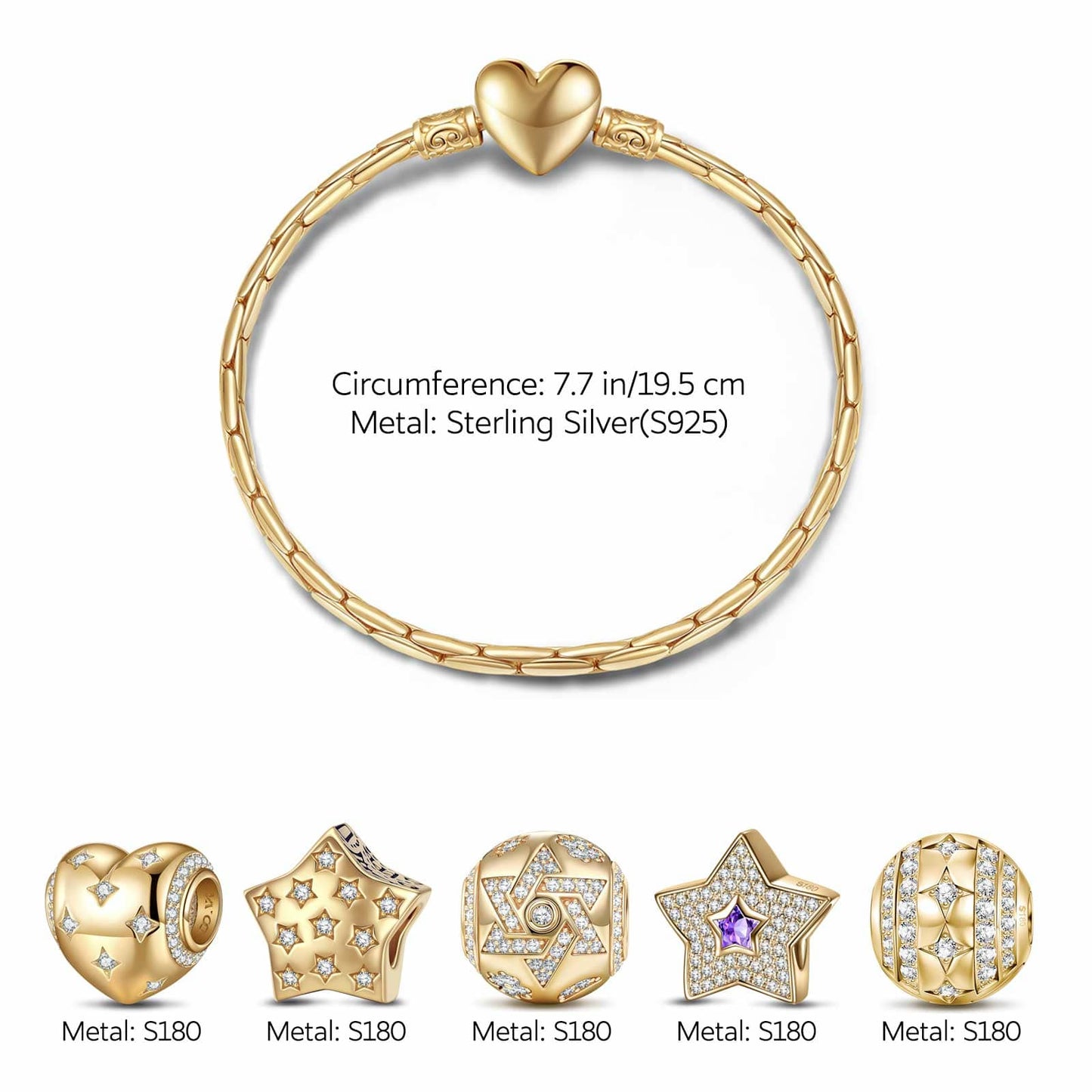 Sterling Silver The Stars Of Versailles Charms Bracelet Set In 14K Gold Plated (Includes bracelet and all charms shown)