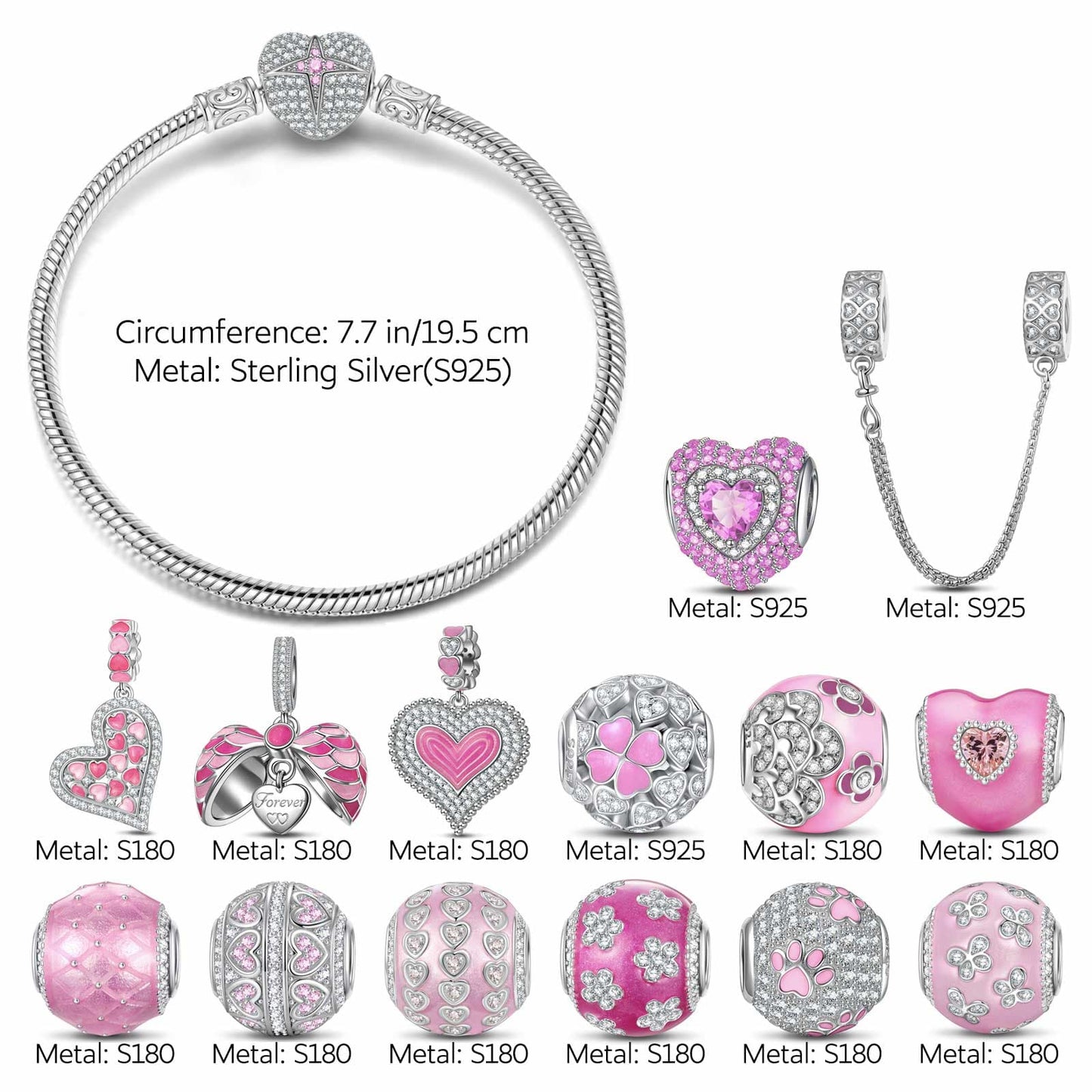Sterling Silver Barbie Land Charms Bracelet Set With Enamel In White Gold Plated (Includes bracelet and all charms shown)