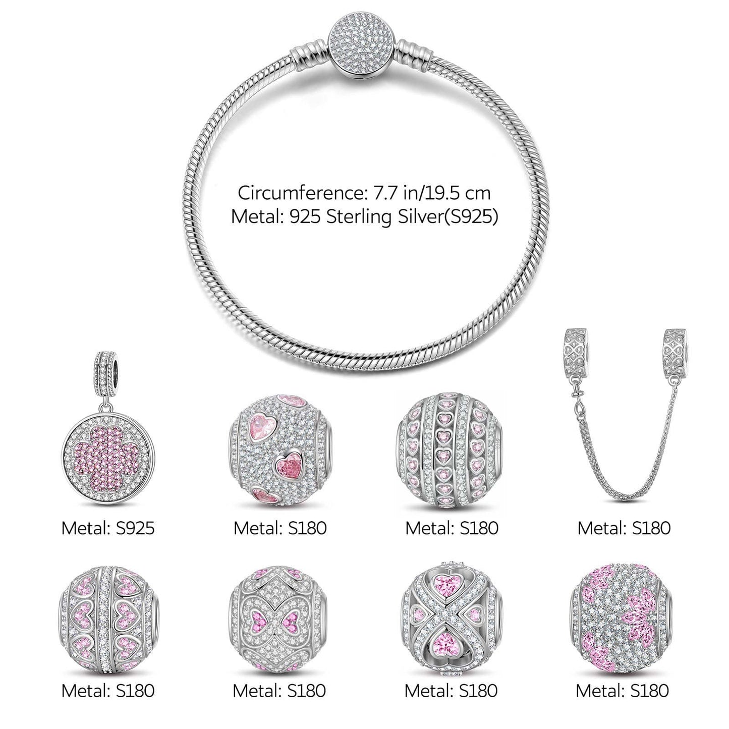 Sterling Silver Lucky Day Charms Bracelet Set In White Gold Plated (Includes bracelet and all charms shown)