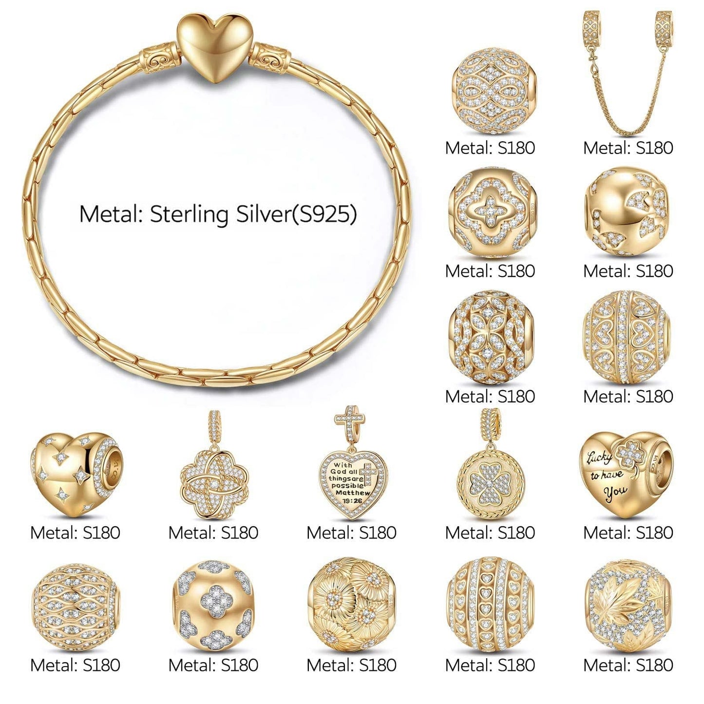 Sterling Silver Secret Garden Charms Bracelet Set In 14K Gold Plated (Includes bracelet and all charms shown)