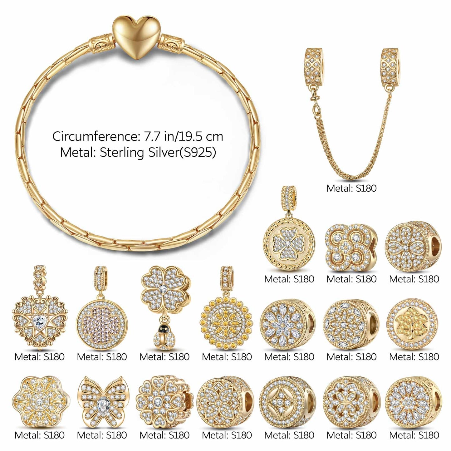 Sterling Silver Versailles Gardens Charms Bracelet Set With Enamel In 14K Gold Plated (Includes bracelet and all charms shown)