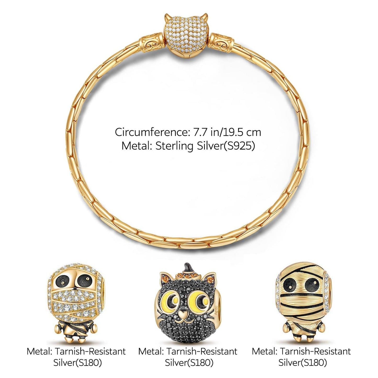 Sterling Silver Cute Mummy and Cat Charms Bracelet Set With Enamel In 14K Gold Plated (Includes bracelet and all charms shown)