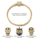 Sterling Silver Cute Mummy and Cat Charms Bracelet Set With Enamel In 14K Gold Plated (Includes bracelet and all charms shown)