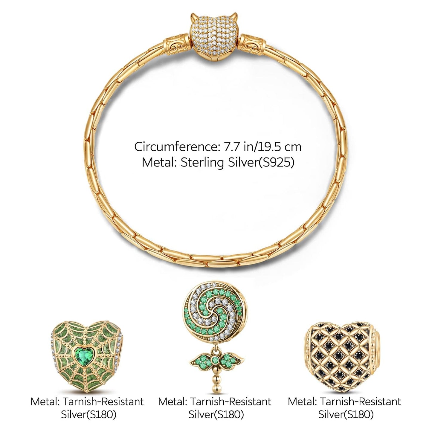 Sterling Silver Candy Trap Charms Bracelet Set With Enamel In 14K Gold Plated (Includes bracelet and all charms shown)