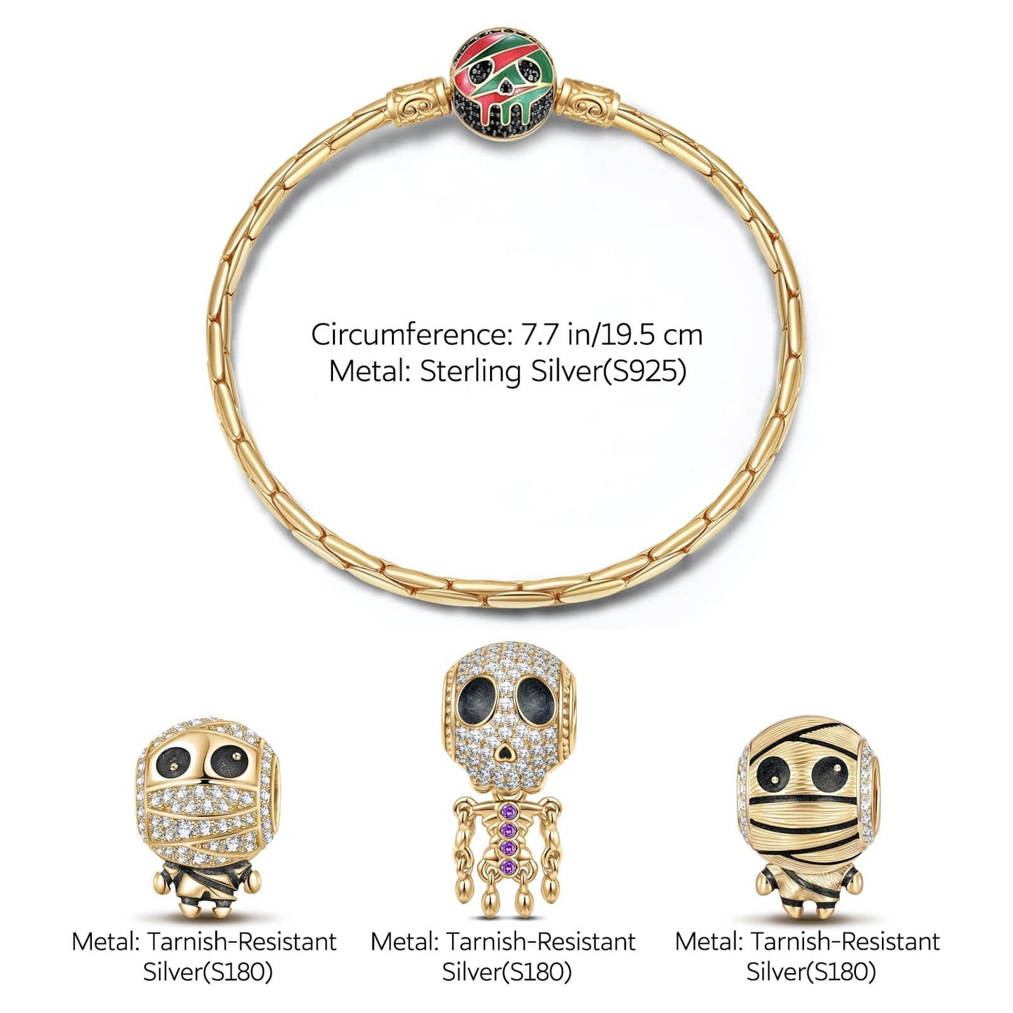 Sterling Silver Mummy and Skeleton Man Charms Bracelet Set With Enamel In 14K Gold Plated (Includes bracelet and all charms shown)