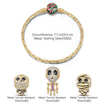 Sterling Silver Mummy and Skeleton Man Charms Bracelet Set With Enamel In 14K Gold Plated (Includes bracelet and all charms shown)