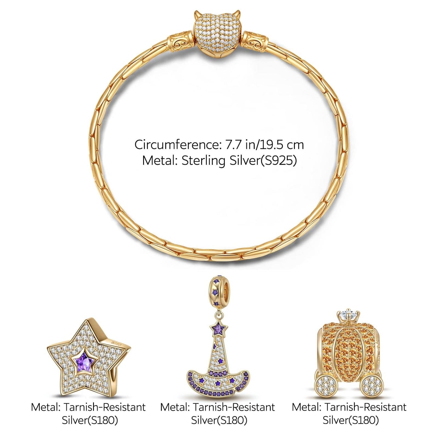 Sterling Silver Cinderella's Pumpkin Carriage Charms Bracelet Set With Enamel In 14K Gold Plated (Includes bracelet and all charms shown)