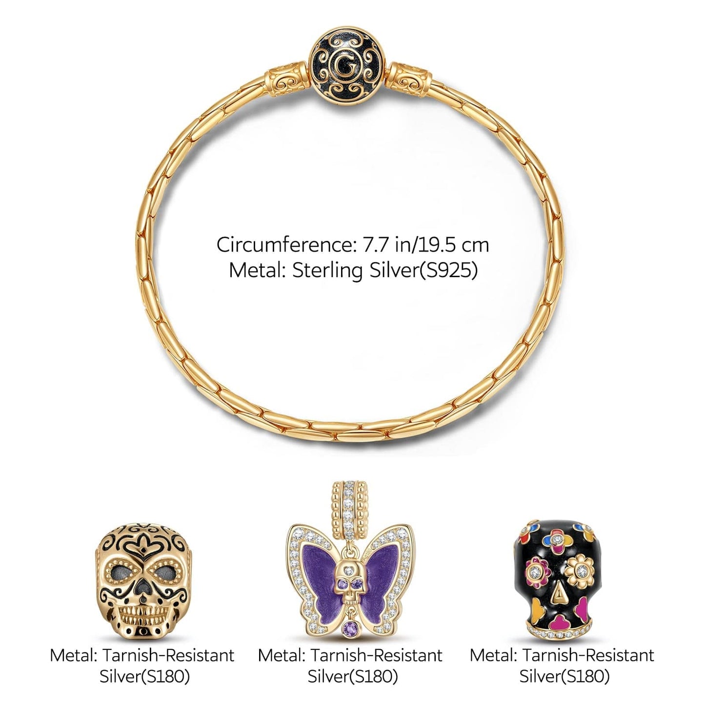 Sterling Silver Butterfly and Skull Charms Bracelet Set With Enamel In 14K Gold Plated (Includes bracelet and all charms shown)