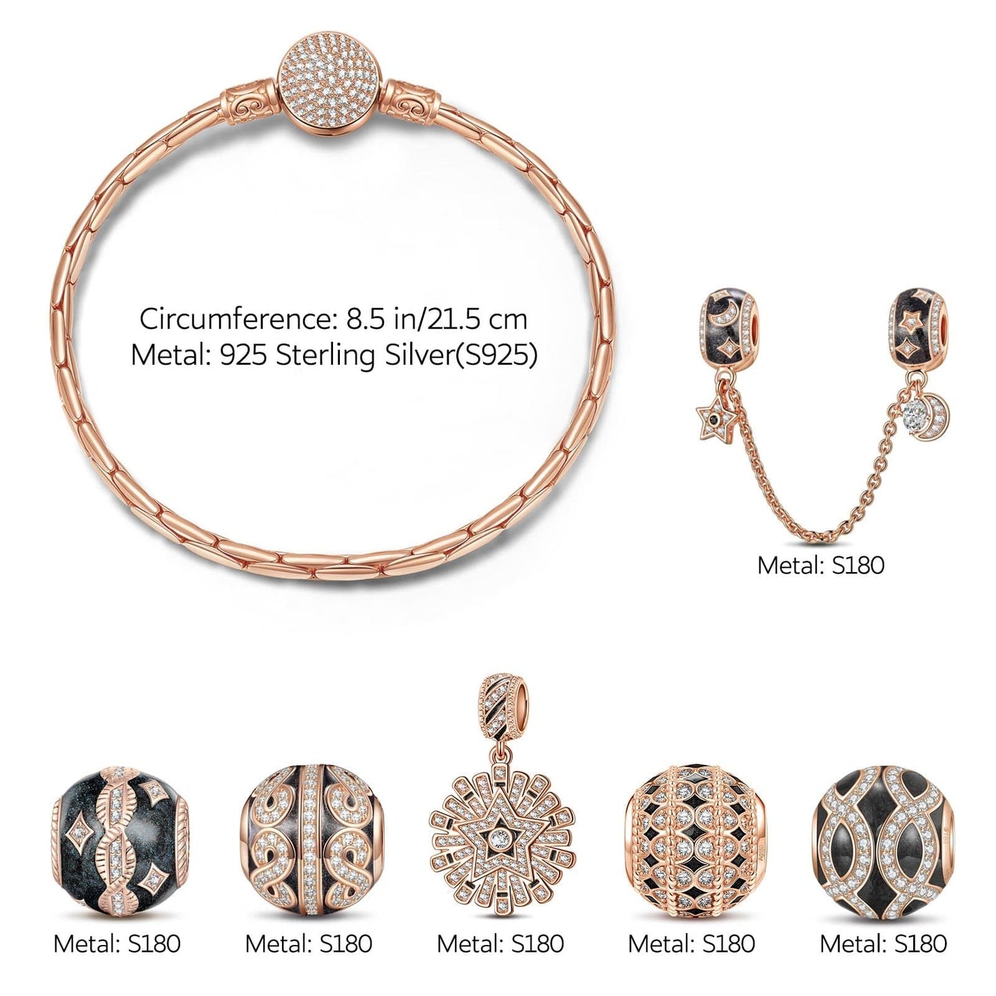 Sterling Silver Infinite Interstellar Bamboo Chain Charms Bracelet Set With Enamel In Rose Gold Plated (Includes bracelet and all charms shown)