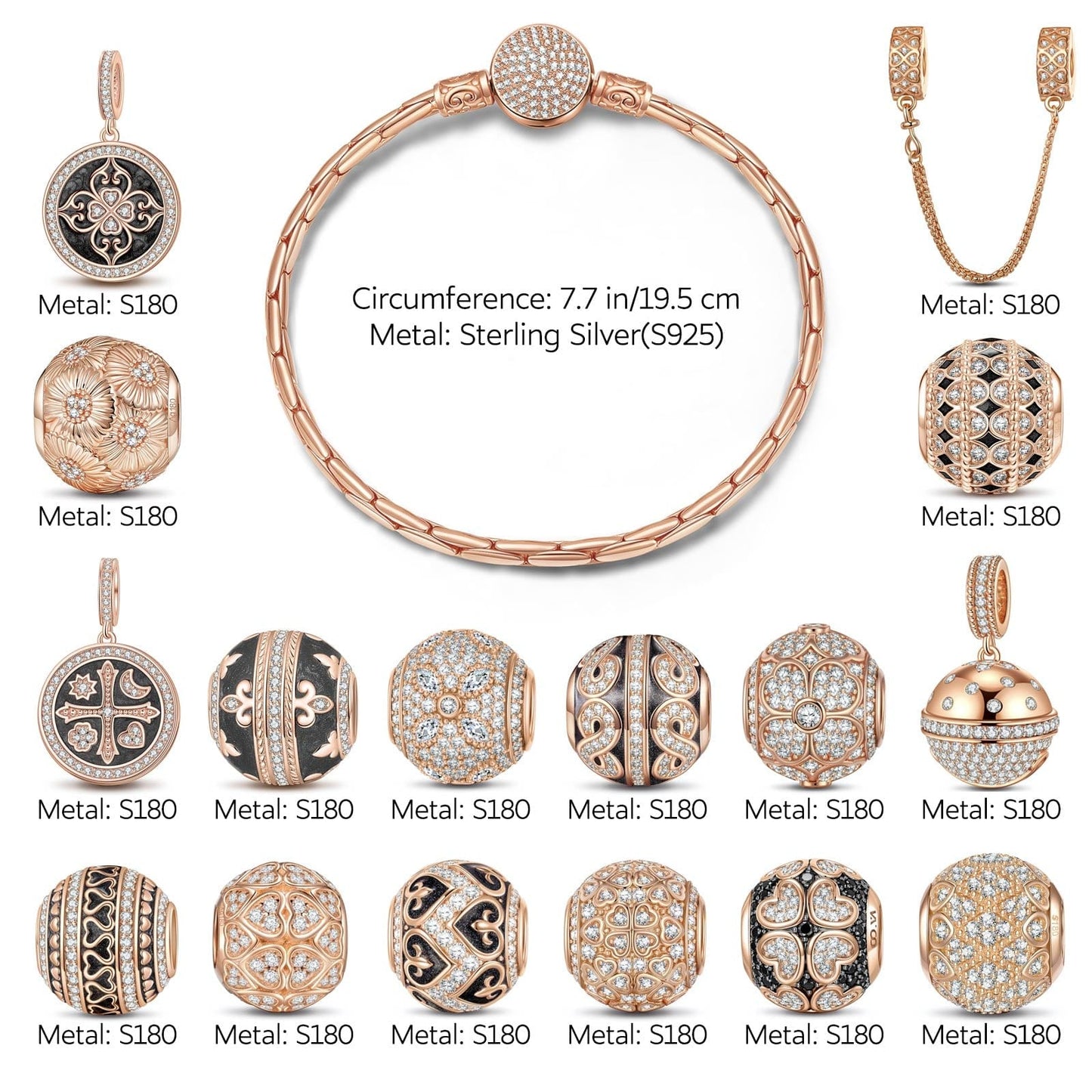 Sterling Silver My Lord, My Glory Bamboo Chain Charms Bracelet Set With Enamel In Rose Gold Plated (Includes bracelet and all charms shown)