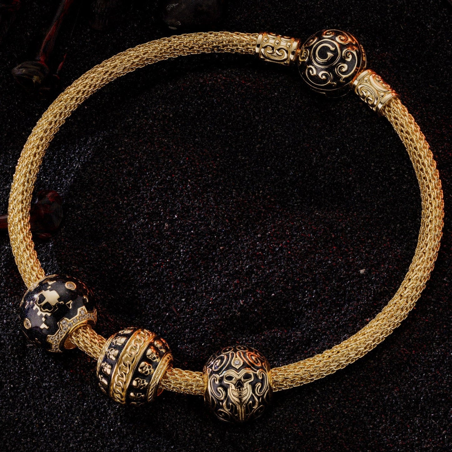 Sterling Silver Skeletal Remnants XL Size Charms Bracelet Set With Enamel In 14K Gold Plated For Men (Includes bracelet and all charms shown)