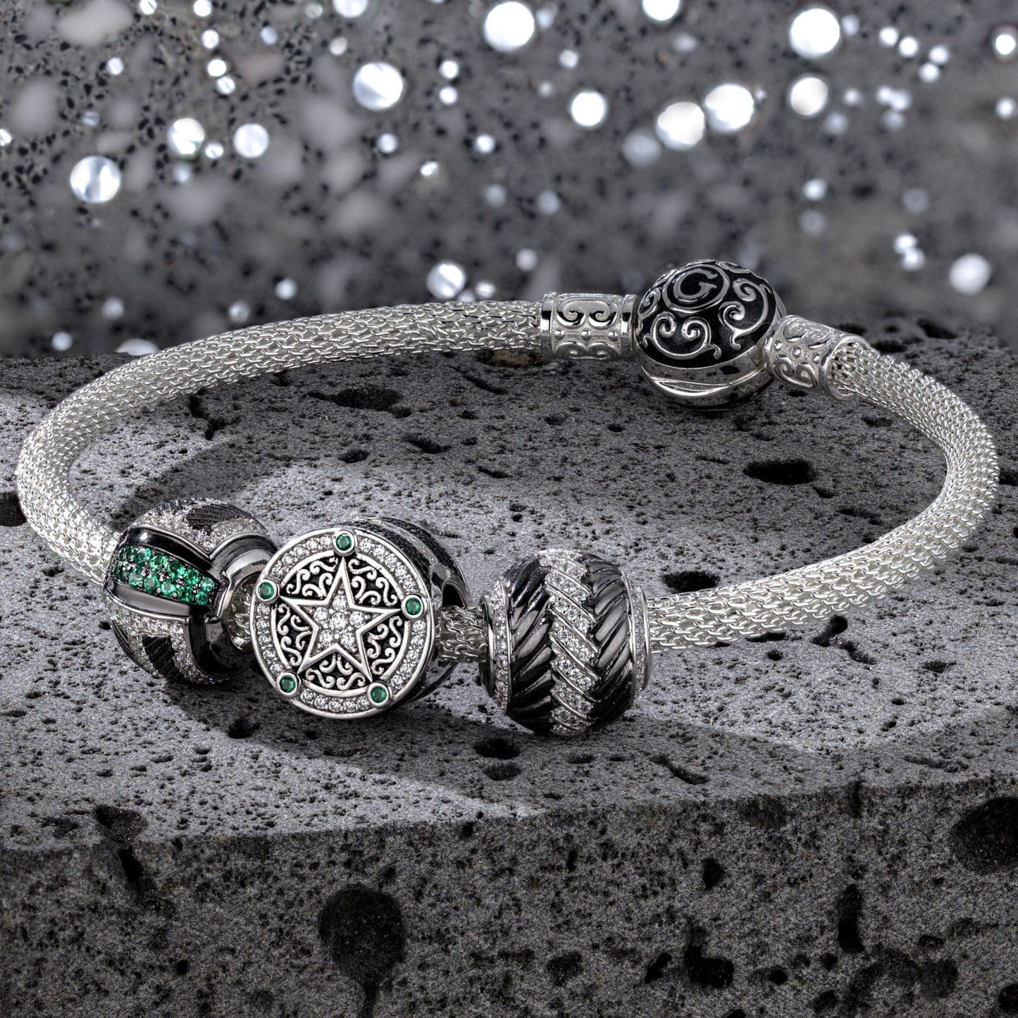 Sterling Silver Geometric Cyber XL Size Charms Bracelet Set With Enamel In White Gold Plated For Men (Includes bracelet and all charms shown)