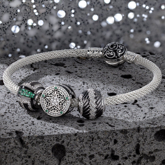 gona- Sterling Silver Geometric Cyber XL Size Charms Bracelet Set With Enamel In White Gold Plated For Men (Includes bracelet and all charms shown)