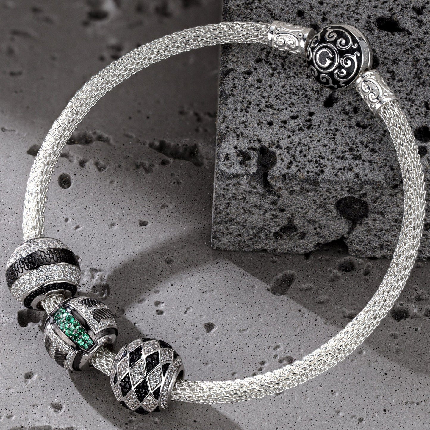Sterling Silver Minimalist Cyber XL Size Charms Bracelet Set In White Gold Plated For Men (Includes bracelet and all charms shown)