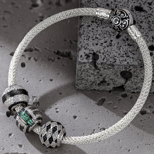 gona- Sterling Silver Minimalist Cyber XL Size Charms Bracelet Set In White Gold Plated For Men (Includes bracelet and all charms shown)