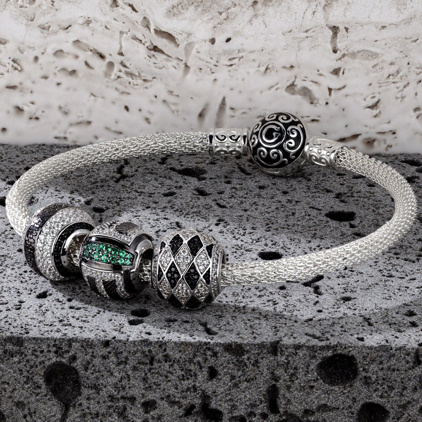 Sterling Silver Minimalist Cyber XL Size Charms Bracelet Set In White Gold Plated For Men (Includes bracelet and all charms shown)