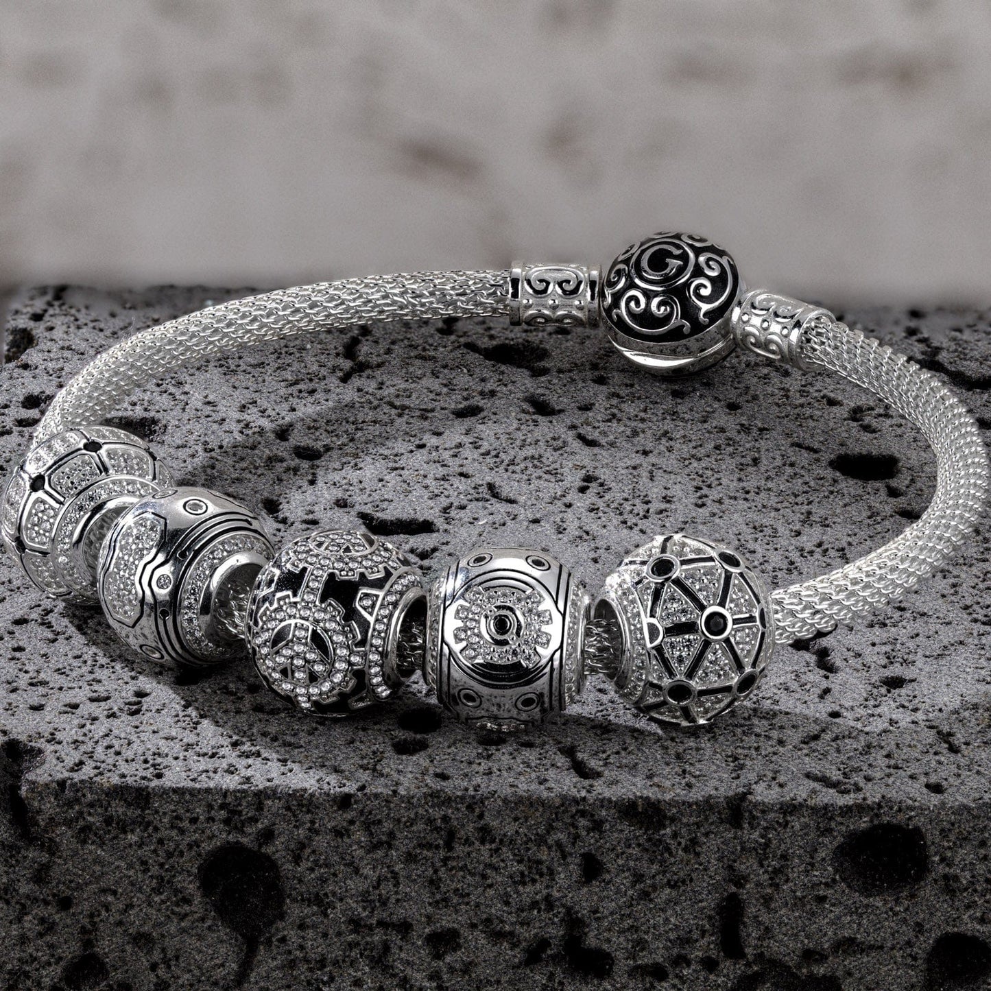 Sterling Silver Mech Force XL Size Charms Bracelet Set With Enamel In White Gold Plated For Men (Includes bracelet and all charms shown)