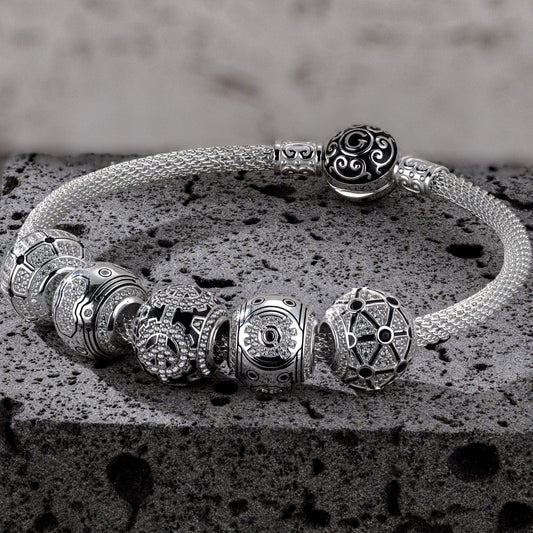 gona- Sterling Silver Mech Force XL Size Charms Bracelet Set With Enamel In White Gold Plated For Men (Includes bracelet and all charms shown)