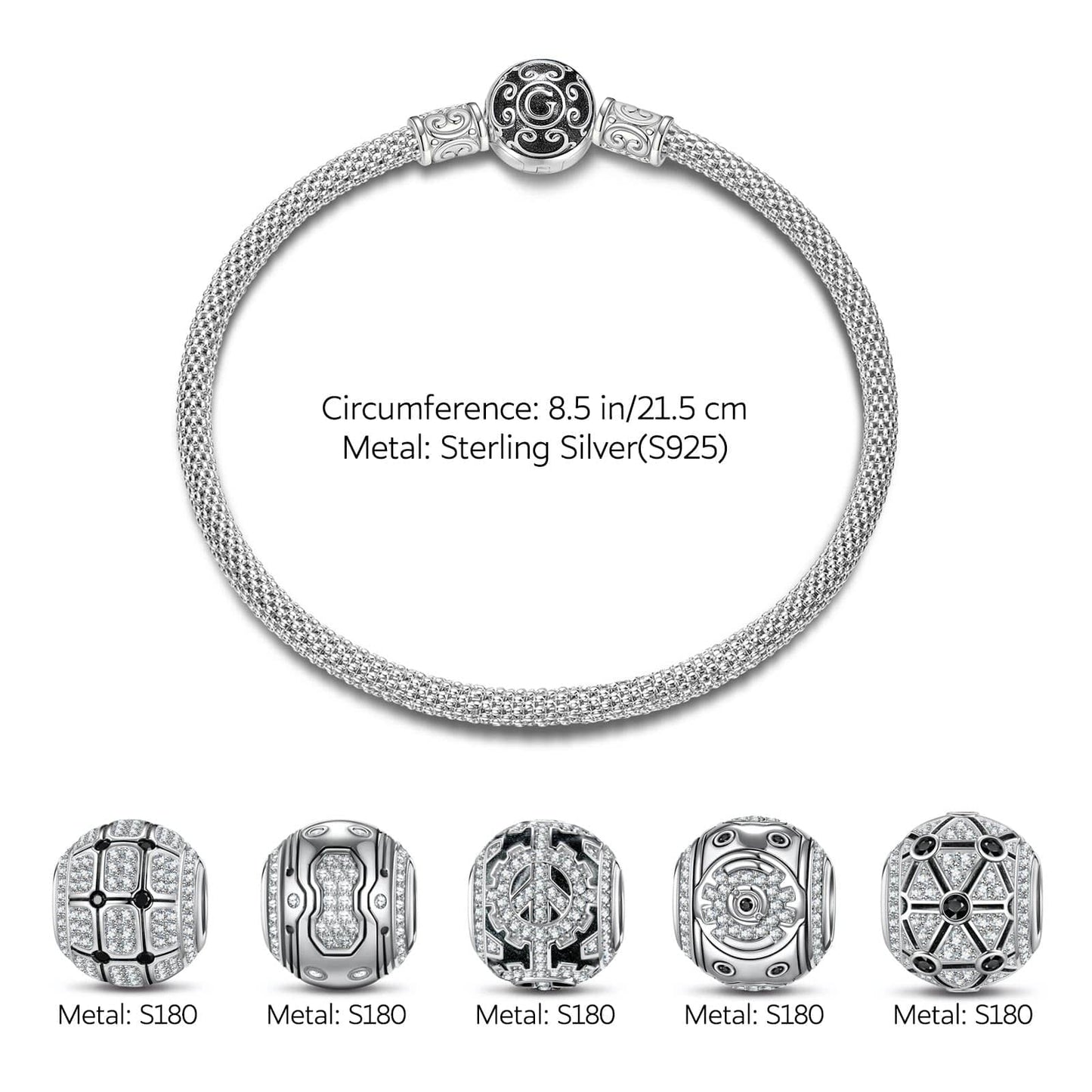 Sterling Silver Mech Force XL Size Charms Bracelet Set With Enamel In White Gold Plated For Men (Includes bracelet and all charms shown)