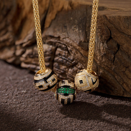 gona- Sterling Silver Geometric Cyber XL Size Charms Necklace Set With Enamel In 14K Gold Plated For Men
