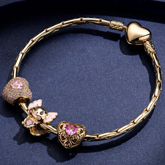 gona- Sterling Silver Axolotl Heart October Birthstone Charms Bracelet Set With Enamel In 14K Gold Plated (Includes bracelet and all charms shown)