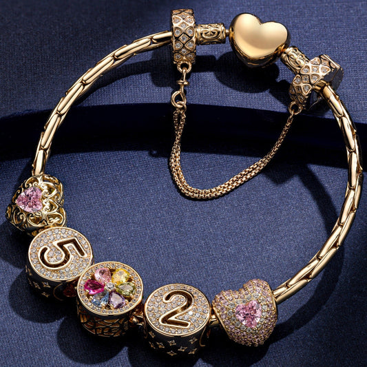 gona- Sterling Silver Romantic Heart October Birthstone Charms Bracelet Set In 14K Gold Plated (Includes bracelet and all charms shown)