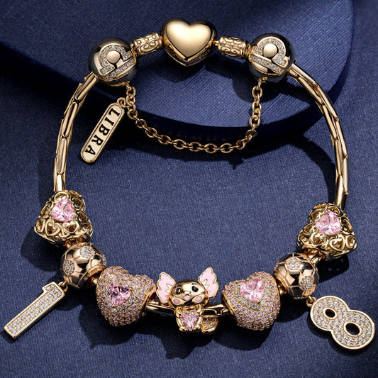 gona- Sterling Silver Lovely Axolotl October Birthstone Charms Bracelet Set With Enamel In 14K Gold Plated (Includes bracelet and all charms shown)