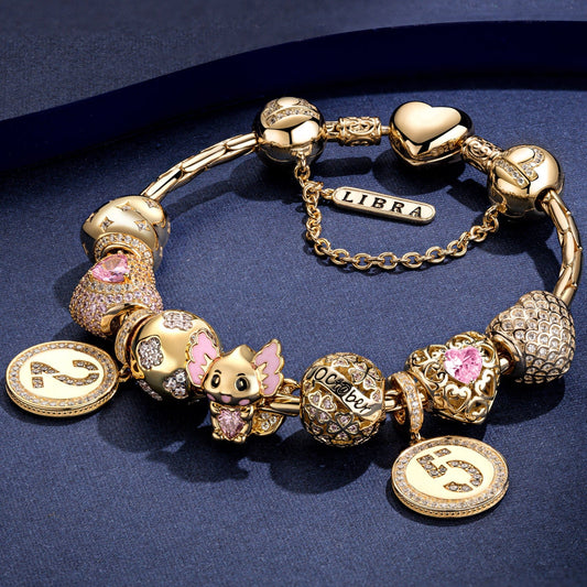 gona- Sterling Silver Birthstone Journey October Charms Bracelet Set With Enamel In 14K Gold Plated (Includes bracelet and all charms shown)