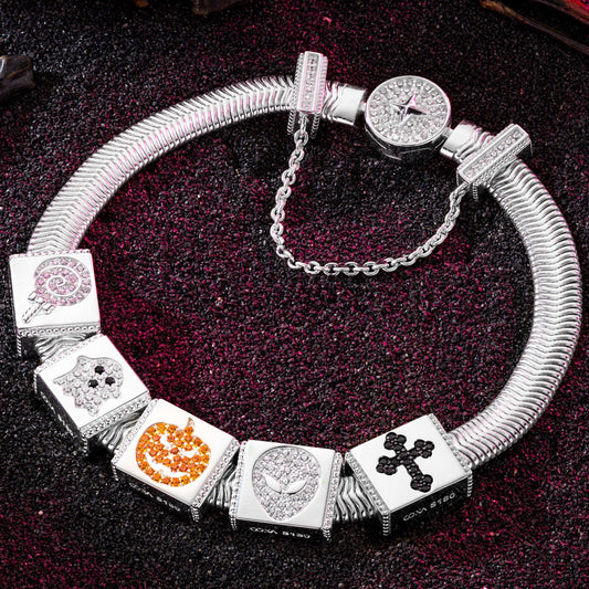 gona- Sterling Silver Halloween Trick Rectangular Charms Bracelet Set With Enamel In White Gold Plated (Includes bracelet and all charms shown)