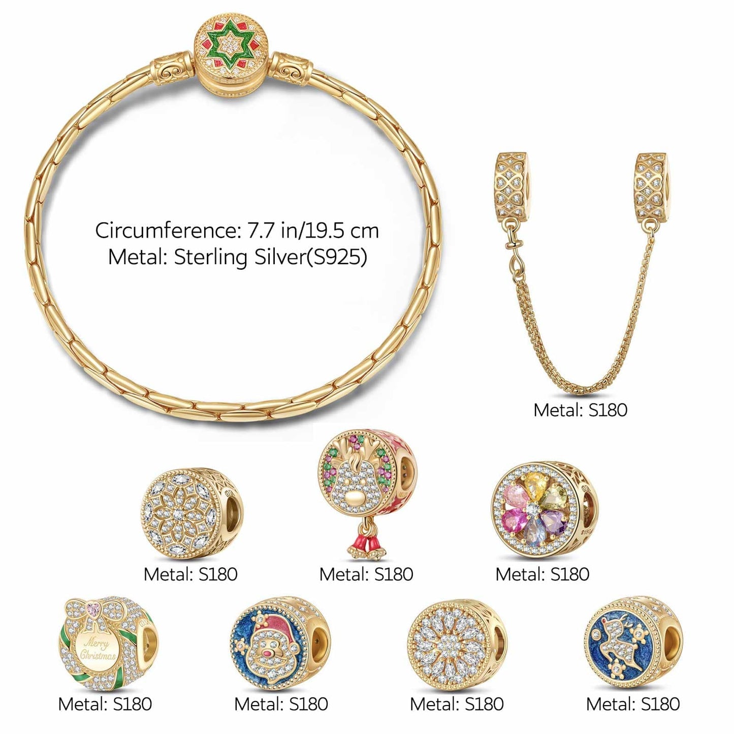 Sterling Silver Jolly Christmas Charms Bracelet Set With Enamel In 14K Gold Plated (Includes bracelet and all charms shown)