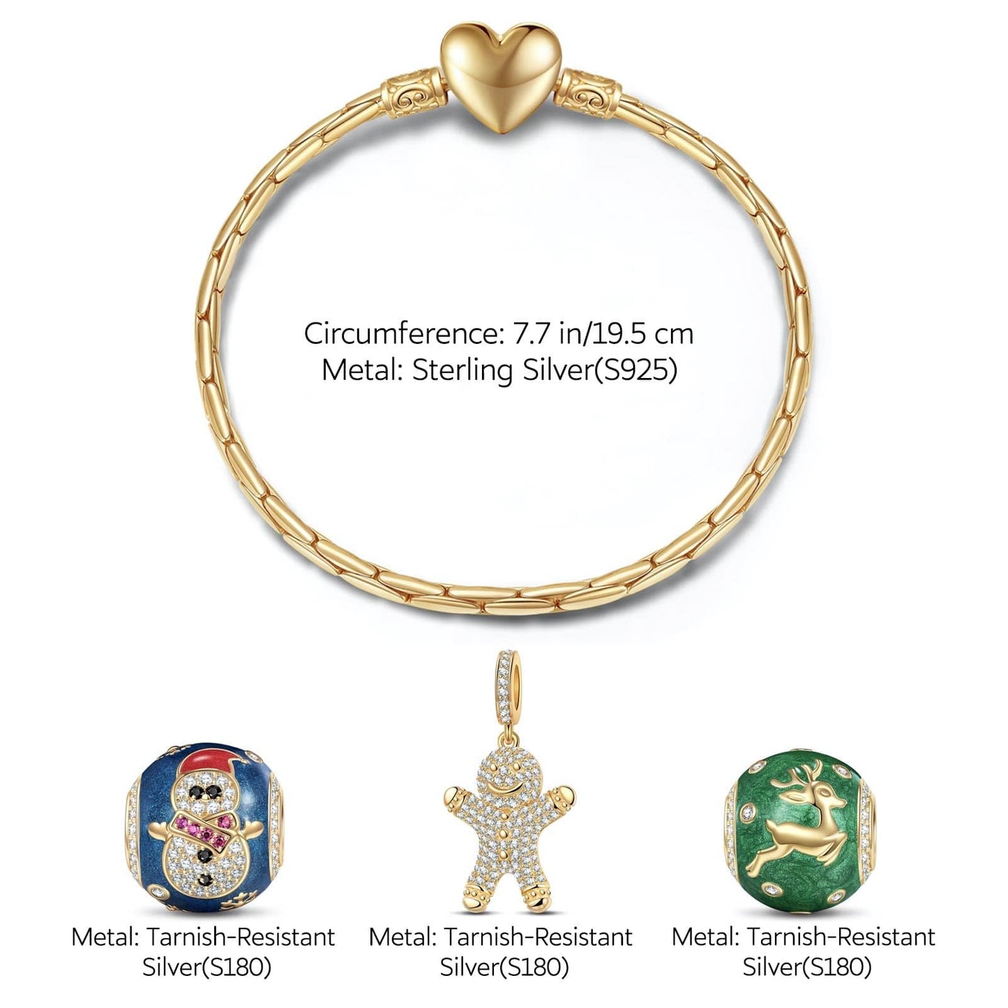 Sterling Silver Winter Wishes Charms Bracelet Set With Enamel In 14K Gold Plated (Includes bracelet and all charms shown)