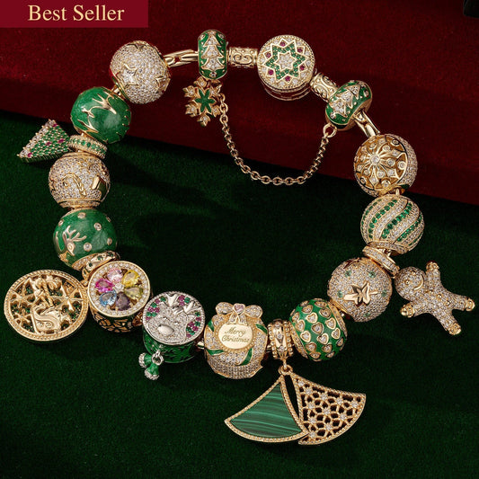 gona- Sterling Silver Winter Wonderland Wishes Charms Bracelet Set With Enamel In 14K Gold Plated (Includes bracelet and all charms shown)