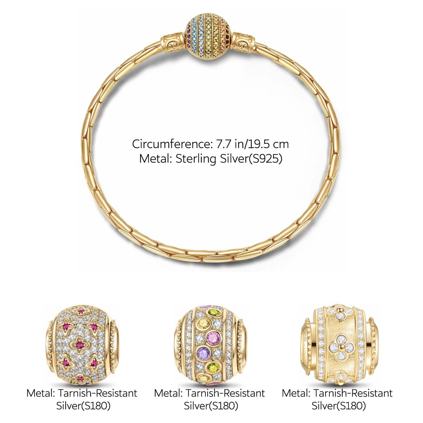 Sterling Silver Lucky Aura Charms Bracelet Set In 14K Gold Plated (Includes bracelet and all charms shown)