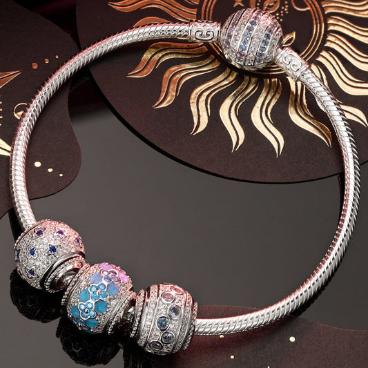 gona- Sterling Silver Lucky Aura Charms Bracelet Set With Enamel In White Gold Plated (Includes bracelet and all charms shown)