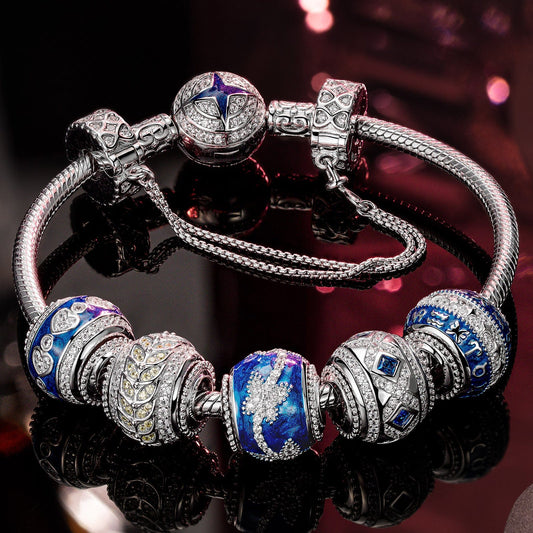 gona- Sterling Silver Wishing You Love and Bliss Charms Bracelet Set With Enamel In White Gold Plated (Includes bracelet and all charms shown)